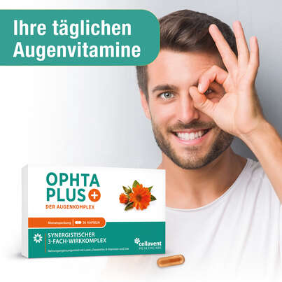 Sie sehen eine Packung Augenvitamine – Augenkomplex der Carotinoide Lutein & Zeaxanthin, B-Vitamine und Zink – 30 Kapseln, Produktbild: 02 Augenvitamine – Augenkomplex der Carotinoide Lutein & Zeaxanthin, B-Vitamine und Zink – 30 Kapseln, A-Nr.: 5895817 - 02