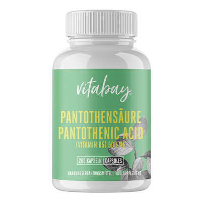 Sie sehen eine Packung Vitabay Pantothensäure (Vitamin B5) 500 mg Kapseln, Produktbild: 01 Vitabay Pantothensäure (Vitamin B5) 500 mg Kapseln, A-Nr.: 5878782 - 01