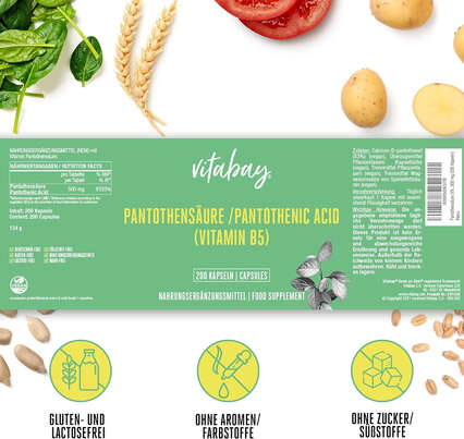 Sie sehen eine Packung Vitabay Pantothensäure (Vitamin B5) 500 mg Kapseln, Produktbild: 05 Vitabay Pantothensäure (Vitamin B5) 500 mg Kapseln, A-Nr.: 5878782 - 05