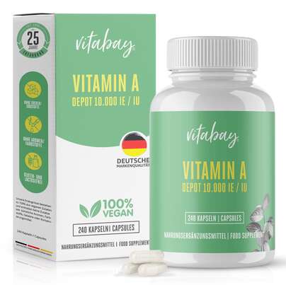 Sie sehen eine Packung Vitabay Vitamin A 10.000 IE Depot Kapseln, Produktbild: 01 Vitabay Vitamin A 10.000 IE Depot Kapseln, A-Nr.: 5878606 - 01