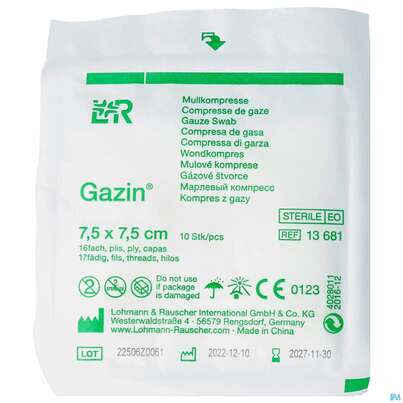 Mullkompressen Gazin Baumw.17faedig Steril 16fach 7,5x7,5cm 10st, A-Nr.: 2570115 - 01