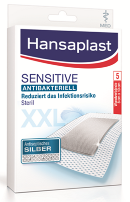 Sie sehen eine Packung Hansaplast Sensitive MED antibakteriell XXL, Produktbild: 01 Hansaplast Sensitive MED antibakteriell XXL, A-Nr.: 4174145 - 01
