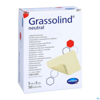 Sie sehen eine Packung Kompressen Grassolind Neutral Salbenkompresse Steril 5x 5cm 50st, Produktbild: 04 Kompressen Grassolind Neutral Salbenkompresse Steril 5x 5cm 50st, A-Nr.: 2368201 - 04