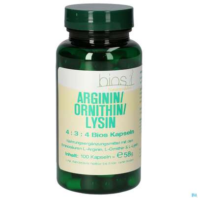 Sie sehen eine Packung Bios Arginin/ornithin/lysin 4:3:4 100 Kapseln, Produktbild: 02 Bios Arginin/ornithin/lysin 4:3:4 100 Kapseln, A-Nr.: 4247192 - 02