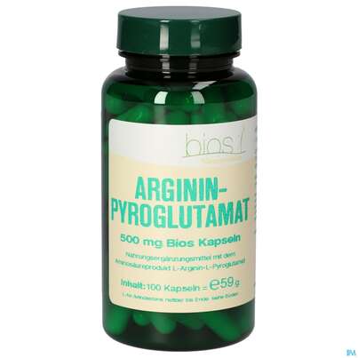 Sie sehen eine Packung Bios Argininpyroglutamat 500mg 100 Kapseln, Produktbild: 02 Bios Argininpyroglutamat 500mg 100 Kapseln, A-Nr.: 4247200 - 02