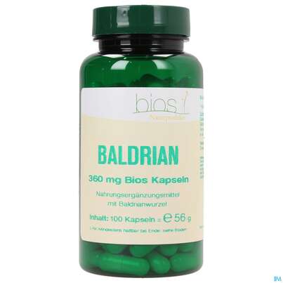 Sie sehen eine Packung Bios Baldrian 360mg 100 Kapseln, Produktbild: 01 Bios Baldrian 360mg 100 Kapseln, A-Nr.: 3999116 - 01