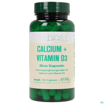 Sie sehen eine Packung Bios Calcium + Vitamin D3 100 Kapseln, Produktbild: 01 Bios Calcium + Vitamin D3 100 Kapseln, A-Nr.: 3890862 - 01