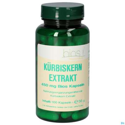 Sie sehen eine Packung Bios Kürbiskern Extrakt 450mg 100 Kapseln, Produktbild: 01 Bios Kürbiskern Extrakt 450mg 100 Kapseln, A-Nr.: 4747233 - 01