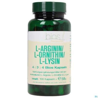 Sie sehen eine Packung Bios l-arginin/l-ornithin/l-lysin 4:3:4 100 Kapseln, Produktbild: 01 Bios l-arginin/l-ornithin/l-lysin 4:3:4 100 Kapseln, A-Nr.: 3891956 - 01