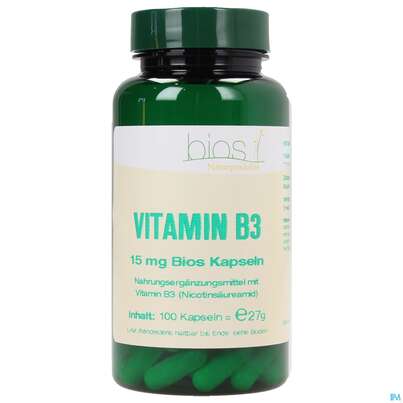 Sie sehen eine Packung Bios Vitamin B3 15mg 100 Kapseln, Produktbild: 02 Bios Vitamin B3 15mg 100 Kapseln, A-Nr.: 4246867 - 02