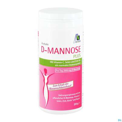 Sie sehen eine Packung D-mannose Pulver 2000mg Plus Dose 250g, Produktbild: 10 D-mannose Pulver 2000mg Plus Dose 250g, A-Nr.: 5296005 - 10