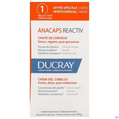 Sie sehen eine Packung Ducray Anacaps F.d.haar Haarausfall Kapseln Reaktiv23 90st, Produktbild: 01 Ducray Anacaps F.d.haar Haarausfall Kapseln Reaktiv23 90st, A-Nr.: 5744975 - 01