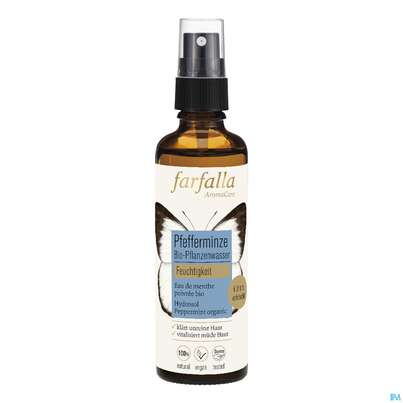 Sie sehen eine Packung Farfalla Pflanzenwasser/bio Pfefferminze Feuchtigkeitspendend 75ml, Produktbild: 01 Farfalla Pflanzenwasser/bio Pfefferminze Feuchtigkeitspendend 75ml, A-Nr.: 4860768 - 01