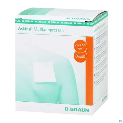 Sie sehen eine Packung Mullkompressen Askina 8fach Steril 7,5x 7,5cm 25x2 50st, Produktbild: 02 Mullkompressen Askina 8fach Steril 7,5x 7,5cm 25x2 50st, A-Nr.: 1778954 - 02
