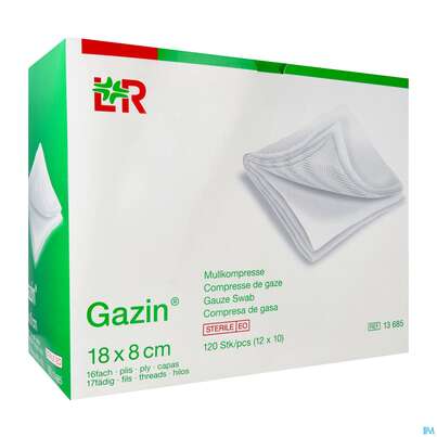 Sie sehen eine Packung Mullkompressen Gazin Baumw.17faedig Steril 16fach 18x 8cm 12x10 120st, Produktbild: 02 Mullkompressen Gazin Baumw.17faedig Steril 16fach 18x 8cm 12x10 120st, A-Nr.: 2384909 - 02