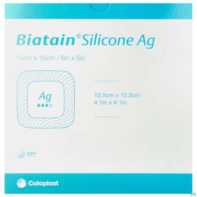 Schaumverband Biatain/ag Silikonhaftrand +silber Antimikrob.15x15cm 9639 5st, A-Nr.: 4309450 - 01