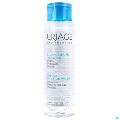 Sie sehen eine Packung Uriage Mizellenwasser Normale-trockene Haut 250ml, Produktbild: 01 Uriage Mizellenwasser Normale-trockene Haut 250ml, A-Nr.: 5619069 - 01