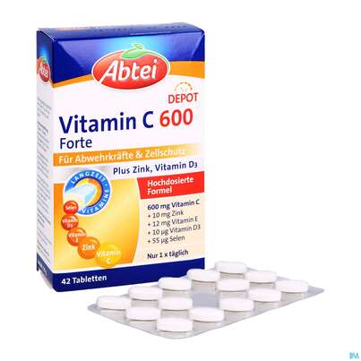 Sie sehen eine Packung Vitamin C Tabl 600 Abtei Langzeit 42st, Produktbild: 05 Vitamin C Tabl 600 Abtei Langzeit 42st, A-Nr.: 4334235 - 05
