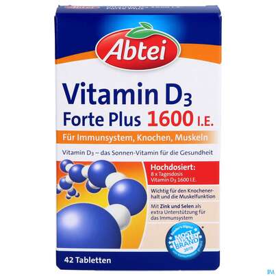 Sie sehen eine Packung Vitamin D3 Tabl Forte Plus Abtei 42st, Produktbild: 01 Vitamin D3 Tabl Forte Plus Abtei 42st, A-Nr.: 5331902 - 01