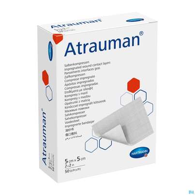 Sie sehen eine Packung Wundauflagen Atrauman Salbenvlies Wirkstofffr Steril 5x 5cm 50st, Produktbild: 05 Wundauflagen Atrauman Salbenvlies Wirkstofffr Steril 5x 5cm 50st, A-Nr.: 1708876 - 05
