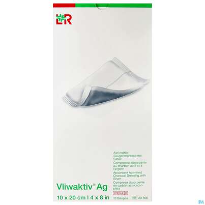 Wundverband Vliwaktiv/ag Aktivkohle Saugkompresse +silber 10x 20cm 10st, A-Nr.: 3073407 - 01