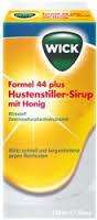 Sie sehen eine Packung WICK Formel 44 Hustenstiller-Sirup mit Honig, Produktbild: 01 WICK Formel 44 Hustenstiller-Sirup mit Honig, A-Nr.: 3514946 - 01