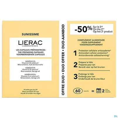 Sie sehen eine Packung Sonnenprodukte Lierac Sunissime Preparing Capsules 60cap 2pk, Produktbild: 01 Sonnenprodukte Lierac Sunissime Preparing Capsules 60cap 2pk, A-Nr.: 5849705 - 01