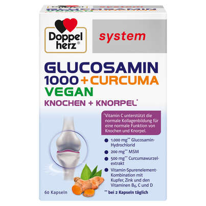Sie sehen eine Packung Doppelherz system Glucosamin 1000 + Curcuma Vegan, Produktbild: 01 Doppelherz system Glucosamin 1000 + Curcuma Vegan, A-Nr.: 5688998 - 01