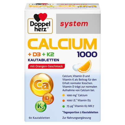 Sie sehen eine Packung Doppelherz system CALCIUM 1000 + D3 + K2 KAUTABLETTEN, Produktbild: 01 Doppelherz system CALCIUM 1000 + D3 + K2 KAUTABLETTEN, A-Nr.: 5677954 - 01