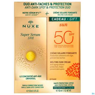 Sie sehen eine Packung Nuxe Super Serum Age Defying Concentrate 30ml +sun Melt Creme F50 50ml Face 1pk, Produktbild: 01 Nuxe Super Serum Age Defying Concentrate 30ml +sun Melt Creme F50 50ml Face 1pk, A-Nr.: 5880738 - 01