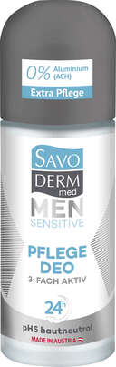 Sie sehen eine Packung Savoderm med MEN SENSITIVE Pflege Deo Roll-on 3-Fach Aktiv 50ml, Produktbild: 01 Savoderm med MEN SENSITIVE Pflege Deo Roll-on 3-Fach Aktiv 50ml, A-Nr.: 4345569 - 01