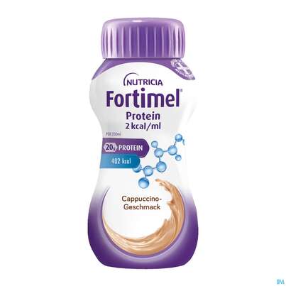 Sie sehen eine Packung Fortimel/protein 200ml 2kcal Cappuccino 24st, Produktbild: 01 Fortimel/protein 200ml 2kcal Cappuccino 24st, A-Nr.: 5833348 - 01