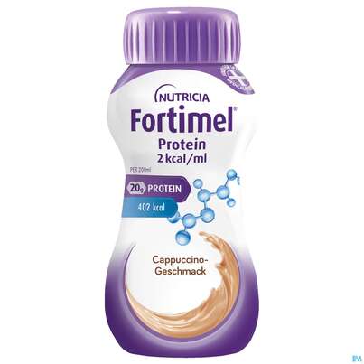Sie sehen eine Packung Fortimel/protein 200ml 2kcal Cappuccino 24st, Produktbild: 02 Fortimel/protein 200ml 2kcal Cappuccino 24st, A-Nr.: 5833348 - 02