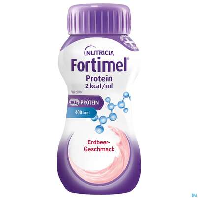 Sie sehen eine Packung Fortimel/protein 200ml 2kcal Erdbeere 24st, Produktbild: 02 Fortimel/protein 200ml 2kcal Erdbeere 24st, A-Nr.: 5833325 - 02