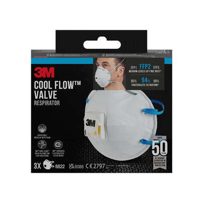 3M™ Maske für Hand- und Maschinenschleifen, FFP2, mit Ventil, 3 pro Packung, A-Nr.: 5646876 - 02