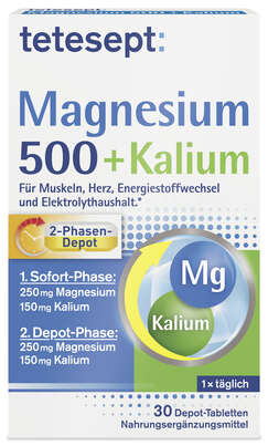 Sie sehen eine Packung tetesept Magnesium 500 + Kalium FTa 30ST, Produktbild: 01 tetesept Magnesium 500 + Kalium FTa 30ST, A-Nr.: 5074919 - 01