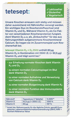 Sie sehen eine Packung tetesept Vitamin K2+D3 2500 Tabl. 30 Stk., Produktbild: 02 tetesept Vitamin K2+D3 2500 Tabl. 30 Stk., A-Nr.: 5709246 - 02