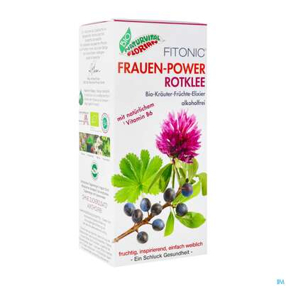 Sie sehen eine Packung Frauen-power Rotklee Fitonic Elixier Bio Kraeuter Fruechte Alkoholfrei 330ml, Produktbild: 02 Frauen-power Rotklee Fitonic Elixier Bio Kraeuter Fruechte Alkoholfrei 330ml, A-Nr.: 4334399 - 02