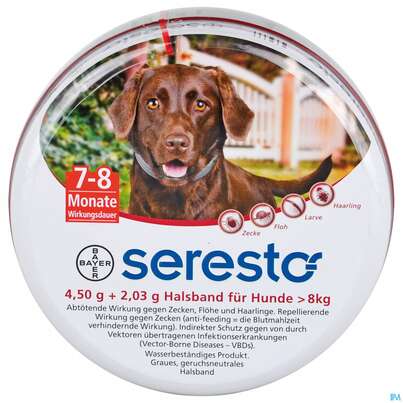 Sie sehen eine Packung Seresto Wirkstoffh.halsband F Hunde Groesser Als 8kg 4,50g + 2,03g 1st, Produktbild: 01 Seresto Wirkstoffh.halsband F Hunde Groesser Als 8kg 4,50g + 2,03g 1st, A-Nr.: 3907700 - 01