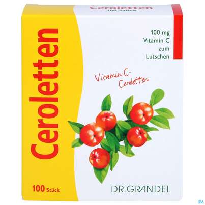 Sie sehen eine Packung Vitamin C Ceroletten Lutschtabl Dr Grandel Nr.12 100st, Produktbild: 01 Vitamin C Ceroletten Lutschtabl Dr Grandel Nr.12 100st, A-Nr.: 2680507 - 01