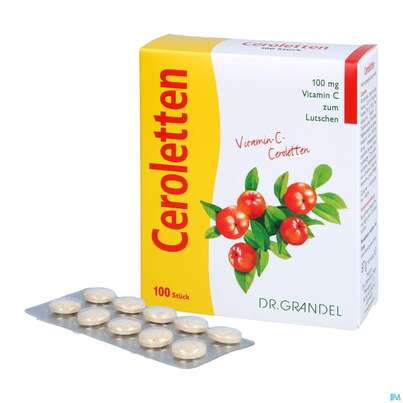 Sie sehen eine Packung Vitamin C Ceroletten Lutschtabl Dr Grandel Nr.12 100st, Produktbild: 04 Vitamin C Ceroletten Lutschtabl Dr Grandel Nr.12 100st, A-Nr.: 2680507 - 04