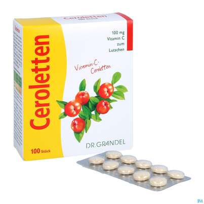 Sie sehen eine Packung Vitamin C Ceroletten Lutschtabl Dr Grandel Nr.12 100st, Produktbild: 05 Vitamin C Ceroletten Lutschtabl Dr Grandel Nr.12 100st, A-Nr.: 2680507 - 05