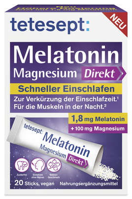 Sie sehen eine Packung TETESEPT Melatonin 1,8mg + Magnesium Direkt Sticks 20 St., Produktbild: 01 TETESEPT Melatonin 1,8mg + Magnesium Direkt Sticks 20 St., A-Nr.: 5709223 - 01