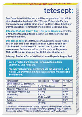 Sie sehen eine Packung tetesept Proflora Darm Milchsäurekulturen 8Mrd Kap 24 St., Produktbild: 03 tetesept Proflora Darm Milchsäurekulturen 8Mrd Kap 24 St., A-Nr.: 5849496 - 03