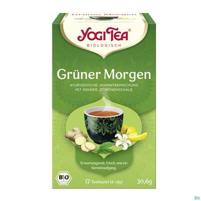 Sie sehen eine Packung Yogi Tea Bio Gruener Morgen 17st, Produktbild: 01 Yogi Tea Bio Gruener Morgen 17st, A-Nr.: 5750160 - 01