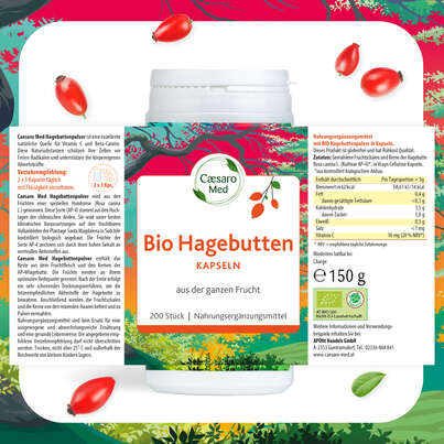 Sie sehen eine Packung HAGEBUTTEN BIO KPS CAESARO 200 ST, Produktbild: 04 HAGEBUTTEN BIO KPS CAESARO 200 ST, A-Nr.: 3148252 - 04