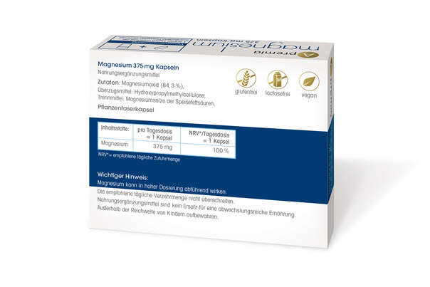 Sie sehen eine Packung Apremia Magnesium 375mg Kapseln, Produktbild: 02 Apremia Magnesium 375mg Kapseln, A-Nr.: 3936073 - 02