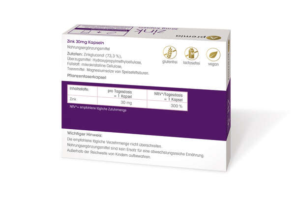 Sie sehen eine Packung Apremia Zink 30mg Kapseln, Produktbild: 02 Apremia Zink 30mg Kapseln, A-Nr.: 3936044 - 02
