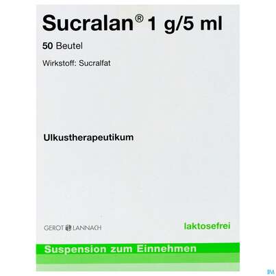 Sie sehen eine Packung Sucralan Orale Susp 1g/5ml Btl 50st, Produktbild: 01 Sucralan Orale Susp 1g/5ml Btl 50st, A-Nr.: 1286435 - 01