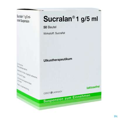 Sie sehen eine Packung Sucralan Orale Susp 1g/5ml Btl 50st, Produktbild: 02 Sucralan Orale Susp 1g/5ml Btl 50st, A-Nr.: 1286435 - 02